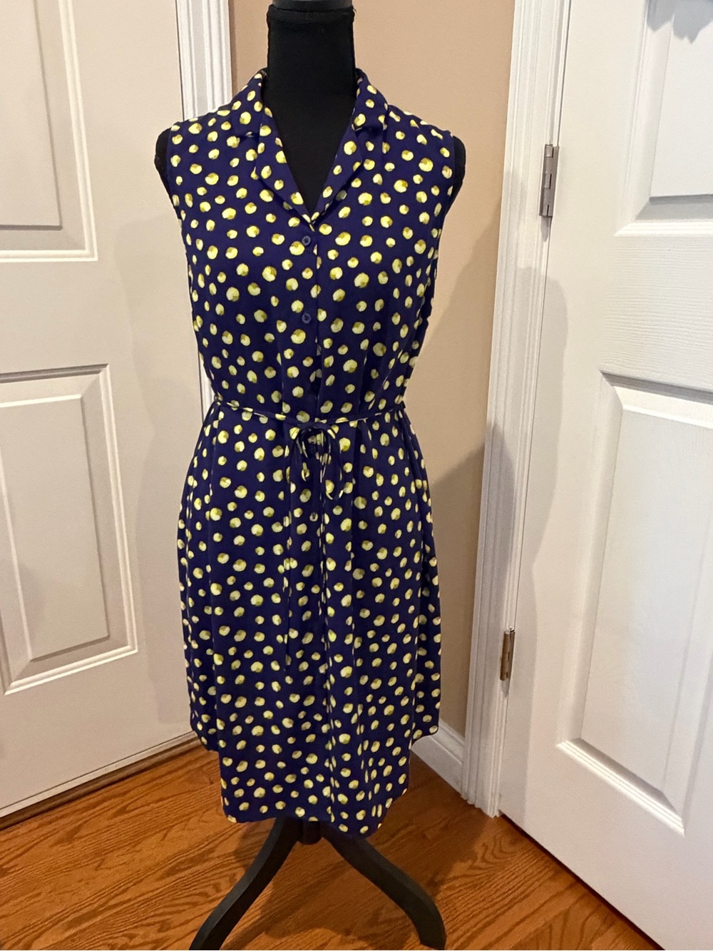 Apt. 9 Navy and Yellow Polka Dot Sleeveless Shirt Dress with Tie Waist
